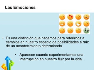 Las Emociones

• Es una distinción que hacemos para referirnos a
cambios en nuestro espacio de posibilidades a raíz
de un acontecimiento determinado.
• Aparecen cuando experimentamos una
interrupción en nuestro fluir por la vida.

 