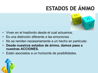 ESTADOS DE ÁNIMO

•
•
•
•

Viven en el trasfondo desde el cual actuamos.
Es una distinción diferente a las emociones.
No se remiten necesariamente a un hecho en particular.
Desde nuestros estados de ánimo, damos paso a
nuestras ACCIONES.
• Están asociados a un horizonte de posibilidades.

 
