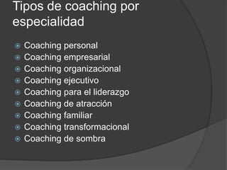 Tipos de coaching por
especialidad
 Coaching personal
 Coaching empresarial
 Coaching organizacional
 Coaching ejecutivo
 Coaching para el liderazgo
 Coaching de atracción
 Coaching familiar
 Coaching transformacional
 Coaching de sombra
 