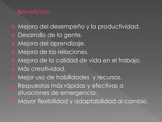  Mejora del desempeño y la productividad.
 Desarrollo de la gente.
 Mejora del aprendizaje.
 Mejora de las relaciones.
 Mejora de la calidad de vida en el trabajo.
 Más creatividad.
 Mejor uso de habilidades y recursos.
 Respuestas más rápidas y efectivas a
situaciones de emergencia.
 Mayor flexibilidad y adaptabilidad al cambio.
 
