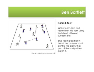 Ben Bartlett
Hands & Feet
White team pass and
receive on the floor using
both feet, different
surfaces etc.
Blue team pass ball in
hands but receiver must
control the ball with a
part of the body – then
catch it.
 
