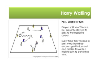 Harry Watling
Pass, Dribble or Turn
Players split into 2 teams,
but are only allowed to
pass to the opposite
colour.
Every time they receive a
pass they should be
encouraged to turn out
and dribble towards a
mannequin to perform a
turn.
 