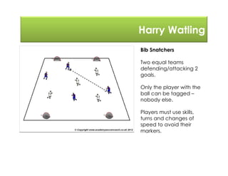Harry Watling
Bib Snatchers
Two equal teams
defending/attacking 2
goals.
Only the player with the
ball can be tagged –
nobody else.
Players must use skills,
turns and changes of
speed to avoid their
markers.
 