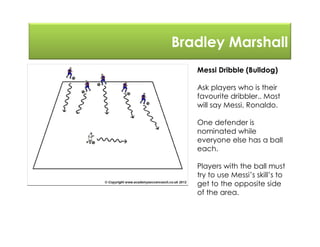 Bradley Marshall
Messi Dribble (Bulldog)
Ask players who is their
favourite dribbler.. Most
will say Messi, Ronaldo.
One defender is
nominated while
everyone else has a ball
each.
Players with the ball must
try to use Messi’s skill’s to
get to the opposite side
of the area.
 