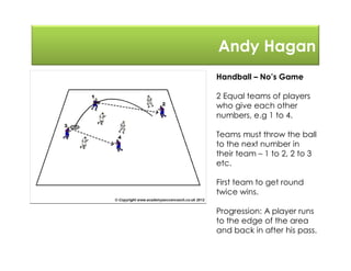 Andy Hagan
Handball – No’s Game
2 Equal teams of players
who give each other
numbers, e.g 1 to 4.
Teams must throw the ball
to the next number in
their team – 1 to 2, 2 to 3
etc.
First team to get round
twice wins.
Progression: A player runs
to the edge of the area
and back in after his pass.
 