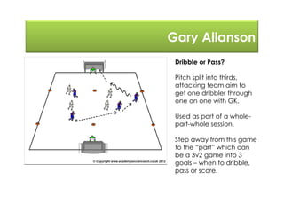 Gary Allanson
Dribble or Pass?
Pitch split into thirds,
attacking team aim to
get one dribbler through
one on one with GK.
Used as part of a whole-
part-whole session.
Step away from this game
to the “part” which can
be a 3v2 game into 3
goals – when to dribble,
pass or score.
 