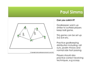 Paul Simms
Can you catch it?
Goalkeeper warm up
similar to outfield players
keep ball game.
This game can be set up
5v2 6v4 etc.
Practice goalkeeping
distribution including, roll
outs, javelin throws and
normal side foot passing.
Players should also
practice correct receiving
techniques, e.g scoop.
 