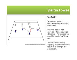 Stefan Lowes
Tag Rugby
Two equal teams,
attacking and defending
end zones.
Forward passes not
allowed – to encourage
dribbling – Players score a
point for each “try” they
get.
Tackles are made by
tagging opponents which
results in a change of
possession.
 