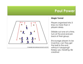 Paul Power
Magic Tunnel
Players organised into 3
lines no more than 3
players deep.
Dribble out one at a time,
turn at the end and join
back of their group.
Encourage players to be
inventive, can they get
the ball to the end
without it dropping?
Keepy ups, heading. Be
creative!
 