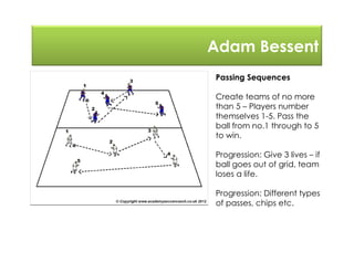 Adam Bessent
Passing Sequences
Create teams of no more
than 5 – Players number
themselves 1-5. Pass the
ball from no.1 through to 5
to win.
Progression: Give 3 lives – if
ball goes out of grid, team
loses a life.
Progression: Different types
of passes, chips etc.
 