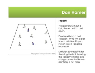 Dan Hamer
Taggers
Two players without a
ball, the rest with a ball
each.
Players without a ball
(Taggers) try to win a ball
from a dribbler. Players
switch roles if tagger is
successful.
Dribblers score points for
shielding the ball, beating
the tagger with skills and
a large amount of bonus
points for a nut meg.
 