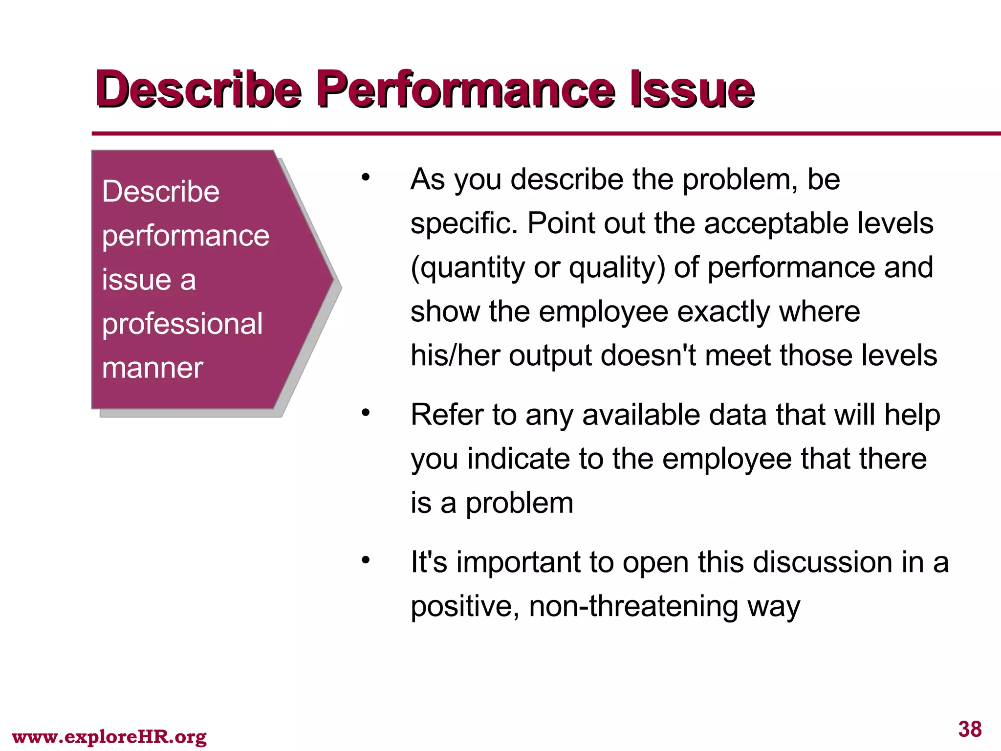 Describe Performance Issue Describe performance issue a professional manner  As you describe the problem, be specific. Point out the acceptable levels (quantity or quality) of performance and show the employee exactly where his/her output doesn't meet those levels Refer to any available data that will help you indicate to the employee that there is a problem It's important to open this discussion in a positive, non-threatening way 