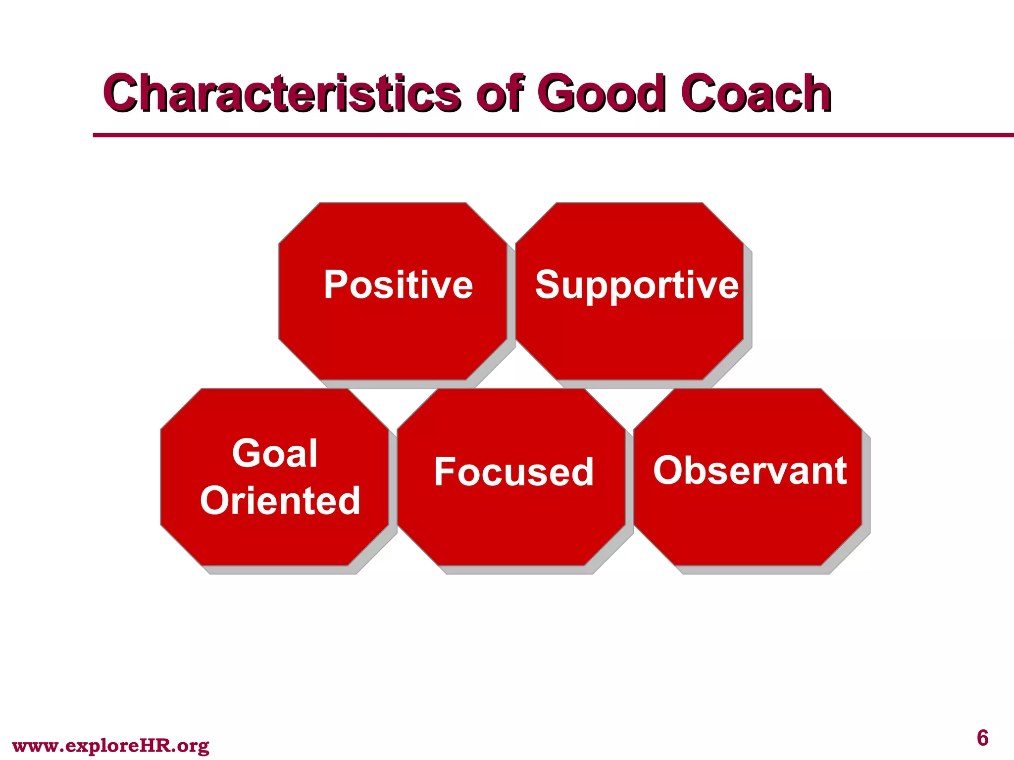 Characteristics of Good Coach Positive Goal  Oriented Supportive Focused Observant 