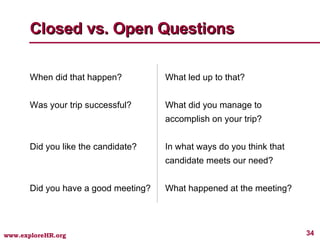 Closed vs. Open Questions When did that happen?   What led up to that? Was your trip successful?    What did you manage to    accomplish on your trip? Did you like the candidate?   In what ways do you think that    candidate meets our need? Did you have a good meeting?   What happened at the meeting? 