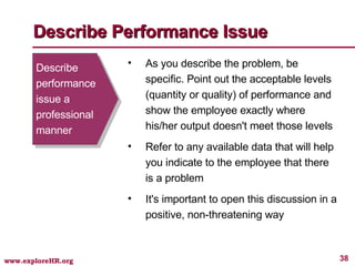 Describe Performance Issue Describe performance issue a professional manner  As you describe the problem, be specific. Point out the acceptable levels (quantity or quality) of performance and show the employee exactly where his/her output doesn't meet those levels Refer to any available data that will help you indicate to the employee that there is a problem It's important to open this discussion in a positive, non-threatening way 