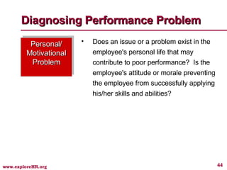 Diagnosing Performance Problem Personal/ Motivational Problem Does an issue or a problem exist in the employee's personal life that may contribute to poor performance?  Is the employee's attitude or morale preventing the employee from successfully applying his/her skills and abilities? 
