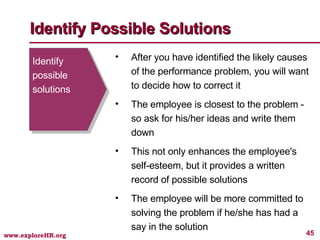 Identify possible solutions After you have identified the likely causes of the performance problem, you will want to decide how to correct it The employee is closest to the problem - so ask for his/her ideas and write them down This not only enhances the employee's self-esteem, but it provides a written record of possible solutions  The employee will be more committed to solving the problem if he/she has had a say in the solution  Identify Possible Solutions 