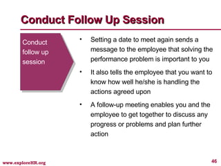 Conduct follow up session Setting a date to meet again sends a message to the employee that solving the performance problem is important to you It also tells the employee that you want to know how well he/she is handling the actions agreed upon A follow-up meeting enables you and the employee to get together to discuss any progress or problems and plan further action Conduct Follow Up Session 