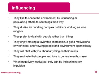 Influencing They like to shape the environment by influencing or persuading others to see things their way They dislike for handling complex details or working as lone rangers They prefer to deal with people rather than things They enjoy making a favorable impression, a good motivational environment, and viewing people and environment optimistically They will chat with you about anything on their minds They motivate their people and love to generate enthusiasm When negatively motivated, they can be indiscriminately impulsive 
