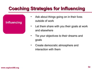 Coaching Strategies for Influencing Influencing Ask about things going on in their lives outside of work Let them share with you their goals at work and elsewhere Tie your objectives to their dreams and goals Create democratic atmosphere and interaction with them 