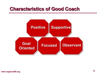 Characteristics of Good Coach Positive Goal  Oriented Supportive Focused Observant 