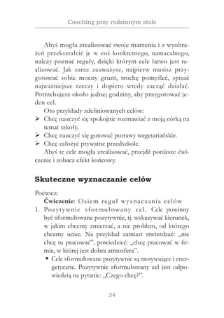 34
Coaching przy rodzinnym stole
Abyś mogła zrealizować swoje marzenia i z wyobra-
żeń przekształcić je w coś konkretnego, namacalnego,
należy poznać reguły, dzięki którym cele łatwo jest re-
alizować. Jak zaraz zauważysz, najpierw musisz przy-
gotować sobie mocny grunt, trochę pomyśleć, spisać
najważniejsze rzeczy i  dopiero wtedy zacząć działać.
Potrzebujesz około jednej godziny, aby przygotować je-
den cel.
Oto przykłady zdefiniowanych celów:
Chcę nauczyć się spokojnie rozmawiać z moją córką na¾¾
temat szkoły.
Chcę nauczyć się gotować potrawy wegetariańskie.¾¾
Chcę założyć prywatne przedszkole.¾¾
Abyś te cele mogła zrealizować, przejdź poniższe ćwi-
czenie i zobacz efekt końcowy.
Skuteczne wyznaczanie celów
Poćwicz:
Ćwiczenie: Osiem reguł wyznaczania celów
Pozytywnie sformułowany cel. Cele powinny1.	
być sformułowane pozytywnie, tj. wskazywać kierunek,
w jakim chcemy zmierzać, a nie problem, od którego
chcemy uciec. Na przykład zamiast stwierdzać: „nie
chcę tu pracować”, powiedzieć: „chcę pracować w fir-
mie, w której jest dobra atmosfera”.
Cele sformułowane pozytywnie są motywujące i ener-ƒƒ
getyczne. Pozytywnie sformułowany cel jest odpo-
wiedzią na pytanie: „Czego chcę?”.
 