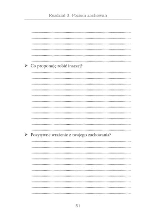 51
Rozdział 3. Poziom zachowań
................................................................................................
................................................................................................
................................................................................................
................................................................................................
................................................................................................
................................................................................................	
Co proponuję robić inaczej?¾¾
................................................................................................
................................................................................................
................................................................................................
................................................................................................
................................................................................................
................................................................................................
................................................................................................
................................................................................................
................................................................................................
................................................................................................
................................................................................................
Pozytywne wrażenie z twojego zachowania?¾¾
................................................................................................
................................................................................................
................................................................................................
................................................................................................
................................................................................................
................................................................................................
................................................................................................
................................................................................................
................................................................................................
................................................................................................
 