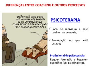 DIFERENÇAS ENTRE COACHING E OUTROS PROCESSOS
PSICOTERAPIA
 Foco no indivíduo e seus
problemas pessoais;
 Procupação no que está
errado;
Profissional de psicoterapia
Requer formação e bagagem
específica (Ex: psicalnalista).
 