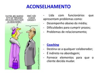 ACONSELHAMENTO
- Lida com funcionários que
apresentam problemas como:
- Desempenho abaixo da média;
- Dificuldades para cumprir prazos;
- Problemas de relacionamento;
- Coaching
- Destina-se a qualquer colaborador;
- É indireto na abordagem;
- Fornece elementos para que o
cliente decida mudar.
 