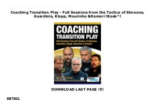 Coaching Transition Play - Full Sessions from the Tactics of Simeone,
Guardiola, Klopp, Mourinho &Ranieri !Book^!
DONWLOAD LAST PAGE !!!!
DETAIL
Top Review This incredible book helps coaches improve their training sessions in the most important phases of the modern game - the transition phases. The best teams in recent years (Simeone's AtlEtico Madrid, Guardiola's Barcelona & Bayern, Klopp's Dortmund, Mourinho's Real Madrid & Ranieri's Leicester) have been successful largely due to their performance in the transition phases.This book provides analysis of Simeone, Guardiola, Klopp, Mourinho and Ranieri's tactics. Michail Tsokaktsidis is a UEFA 'A' licence coach and has used this analysis to produce 23 full sessions (98 practices) including transition games, game situations and small sided games. You can use these ready-made sessions to practice these top coaches' tactics and find solutions for every tactical situation in the transition from defence to attack and the transition from attack to defence.Analysis and Session Topic Examples: Exploiting Space in the Opposition Half with a Fast Counter Attack Regaining Possession High Up the Pitch Team Shape and Collective Pressing When Possession is Lost Practice Examples: Defending in a 4 v 4 Situation and Quick Transition to 4 v 2 Counter Attack High Press and Fast Transition to Attack in an 8 v 8 Tactical Game Defensive Reactions After Finishing an Attack in a Dynamic Transition Game Regaining Possession High Up the Pitch in a 6 Goal Game Coach Quotes on Transition PlayDiego Simeone "I am always enthusiastic and when I came, I said I wanted to rediscover the essence of the club: An AtlEtico team that was always aggressive, intense, competitive, counter-attacking and fast... I think that's what we've been giving."Pep Guardiola "I want my players chasing the ball like (dogs chase) dog bones." "'You cannot be brilliant when you disappear when you don't have the ball. It's impossible. Football is a connection between what you have with the ball and without the ball."JUrgen Klopp "The best moment to win the ball is immediately after your team just lost it. The opponent is still looking for
orientation where to pass the ball. He will have taken his eyes off the game to make his tackle or interception and he will have expended energy. Both make him vulnerable." "Football is about emotion and speed. It's a transition game." "If you win the ball back high up the pitch and close to the goal, it is only one pass away a really good opportunity most of the time. No playmaker in the world can be as good as a good counter-pressing situation."?Jose Mourinho "What tactical trends do you see at the top level of the game? Transitions have become crucial. When the opponent is organised defensively it is very difficult to score. The moment the opponent loses the ball can be the time to exploit the opportunity of someone being out of position. Similarly when we lose the ball we must react immediately." "Everybody says that set plays win most games but I think it is more about transitions."
 