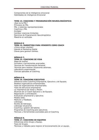 COACHING MUNDIAL
Maestría en actitudes
MODULO 6
TEMA 14. MARKETING PARA VENDERTE COMO COACH
¿Cómo atraer clientes?
Usando el Marketing Digital
Claves para generar clientes.
MÓDULO 7.
TEMA 15. COACHING DE VIDA
Mapa de sueños.
Formatos y herramientas avanzadas.
Técnicas de Transformación Personal.
Técnicas para resolver situaciones adversas.
Laboratorio experimental.
Ciencias aplicadas al Coaching.
MÓDULO 8.
TEMA 16. COACHING EJECUTIVO
Diferencia entre Coaching Empresarial, Ejecutivo y de Equipos.
Modelos organizativos empresariales.
Tipos de organizaciones empresariales.
Tipos de estructura empresarial
La importancia de Visión y Misión.
Alcances de un Coach Ejecutivo y de Equipos.
Negociación y contratación.
Evaluación empresarial y ejecutiva.
Modelo DISC.
Medición y Feedback.
Liderazgo.
Niveles de liderazgo.
Liderazgo situacional.
Coaching y gestión del talento.
Programas de Coaching para ejecutivos.
Técnicas y Herramientas avanzadas para el Coaching
MÓDULO 9.
TEMA 17. COACHING DE EQUIPOS
Diferencias entre Grupo y Equipo.
Tipos de Grupos.
Técnicas y métodos para mejorar el funcionamiento de un equipo.
Técnicas de desarrollo de equipo.
Cuestionarios e instrumentos de evaluación de equipos.
Las 5 disciplinas de práctica de un equipo exitoso.
Modelo Cid-Clear.
Coaching Sistémico de Equipos.
Trabajar con un buen Coach de Equipos.
Supervisión del Coaching de Equipos.
Métodos, herramientas y técnicas de Coaching de Equipos.
Resolución de conflictos.
MÓDULO 10.
TEMA 18. TEAMBUILDING
Aprendizaje experiencial.
Outdoor Training.
Indoor Training.
Dinámicas de integración.
 
