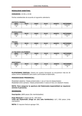 COACHING MUNDIAL
- Credencial como Coach Profesional.
Al terminar este programa los alumnos podrán hacer el examen para la
Certificación del programa COOCER perteneciente a la Secretaría de Educación
Pública bajo el estándar ECO 204 “Ejecución de Sesiones de Coaching”.
REQUISITOS:
El propósito de COACHING MUNDIAL y la Federación Internacional en
Habilidades en Desarrollo Humano, Coaching y Mentoring, A.C. es crear un
filtro de manera que los participantes que sean admitidos en nuestro programa
cuenten con una formación profesional y con una calidad humana que esté alineada
con el Coaching de Vida.
o Estudios mínimos de preparatoria.
o Mayores de 18 años.
o Responsabilidad y Compromiso al 100%
o Solvencia económica para la inversión mensual ó total de la formación.
o Disponibilidad en las fechas que se imparta el programa.
FECHAS Y HORARIOS:
SEDE: Ciudad de México
MODALIDAD: Entre semana (Lunes y Martes)
1ª. Sesión 19 y 20 de Junio del 2017 13ª. Sesión 11 y 12 de Diciembre del 2017
2ª. Sesión 26 y 27 de Junio del 2017 14ª. Sesión 18 y 19 de Diciembre del 2017
3ª. Sesión 17 y 18 de Julio del 2017 15ª. Sesión 22 y 23 de Enero del 2018
4ª. Sesión 24 y 25 de Julio del 2017 16ª. Sesión 29 y 30 de Enero del 2018
5ª. Sesión 21 y 22 de Agosto del 2017 17ª. Sesión 19 y 20 de Febrero del 2018
6ª. Sesión 28 y 29 de Agosto del 2017 18ª. Sesión 26 y 27 de Febrero del 2018
7ª. Sesión 18 y 19 de Sep. del 2017 19ª. Sesión 19 y 20 de Marzo del 2018
8ª. Sesión 25 y 26 de Sep. del 2017 20ª. Sesión 26 y 27 de Marzo del 2018
9ª. Sesión 23 y 24 de Octubre del 2017 21ª. Sesión 16 y 17 de Abril del 2018
10ª Sesión 30 y 31 de Octubre del 2017 22ª. Sesión 23 y 24 de Abril del 2018
11ª. Sesión 20 y 21 de Nov. del 2017 23ª. Sesión 21 y 22 de Mayo del 2018
12ª. Sesión 27 y 28 de Nov. del 2017 24ª. Sesión 28 y 29 de Mayo del 2018
SEDE: Ciudad de México
MODALIDAD: Sabatina y Domingo
1ª. Sesión 17 y 18 de Junio del 2017 7ª. Sesión 16 y 17 de Diciembre del 2017
2ª. Sesión 15 y 16 de Julio del 2017 8ª. Sesión 13 y 14 de Enero del 2018
3ª. Sesión 19 y 20 de Agosto del 2017 9ª. Sesión 17 y 18 de Febrero del 2018
4ª. Sesión 23 y 24 de Sep. del 2017 10ª Sesión 17 y 18 de Marzo del 2018
5ª. Sesión 14 y 15 de Octubre del 2017 11ª. Sesión 14 y 15 de Abril del 2018
6ª. Sesión 18 y 19 de Nov. del 2017 12ª. Sesión 19 y 20 de Mayo del 2018
 