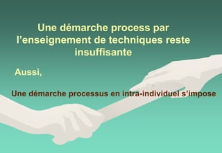 Une démarche process par
l’enseignement de techniques reste
insuffisante
Une démarche processus en intra-individuel s’impose
Aussi,
 