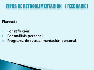 Planeado

1.   Por reflexión
2.   Por análisis personal
3.   Programa de retroalimentación personal:
 
