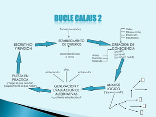 BUCLE CALAIS 2
                                           Partes interesadas                                       Video
                                                                                                    Observación
                                                                                                    Reacción
                                                                                                    Resultados
                                        ESTABLECIMIENTO
        ESCRUTINIO                        DE CRITERIOS                                 CREACION DE
        Y REVISION                                                                     CONSCIENCIA
                                                                                         (¿qué?)
                                           Medidas blandas                               (¿ y qué)
                                                                       Antes
                                               o duras                                   (¿ y ahora qué?)
                                                                       Durante
                                                                       Después


                                              otros
                              entrenando                  entrenador
      PUESTA EN
      PRACTICA
   ("haga lo que pueda")
("experimente lo que haga")        GENERACION Y                                    ANALISIS
                                   EVALUACION DE                                   LOGICO
                                                                                 ("¿qué ocurre?")
                                    ALTERNATIVAS
                                  = ¿ criterios establecidos ?
 