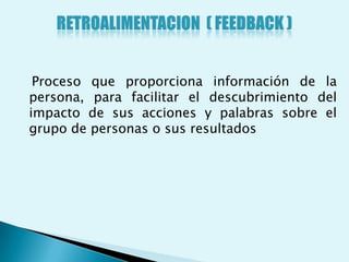 Proceso que proporciona información de la
persona, para facilitar el descubrimiento del
impacto de sus acciones y palabras sobre el
grupo de personas o sus resultados
 