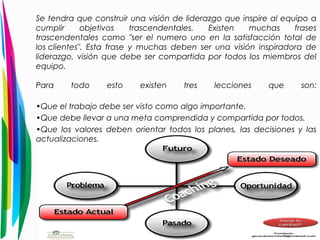 Se tendra que construir una visión de liderazgo que inspire al equipo a 
cumplir objetivos trascendentales. Existen muchas frases 
trascendentales como "ser el numero uno en la satisfacción total de 
los clientes". Esta frase y muchas deben ser una visión inspiradora de 
liderazgo, visión que debe ser compartida por todos los miembros del 
equipo. 
Para todo esto existen tres lecciones que son: 
•Que el trabajo debe ser visto como algo importante. 
•Que debe llevar a una meta comprendida y compartida por todos. 
•Que los valores deben orientar todos los planes, las decisiones y las 
actualizaciones. 
 