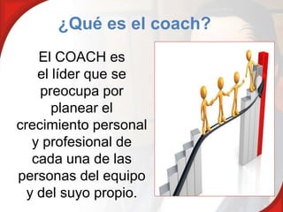 ¿Qué es el coach?
    El COACH es
    el líder que se
    preocupa por
       planear el
crecimiento personal
   y profesional de
   cada una de las
personas del equipo
  y del suyo propio.
 