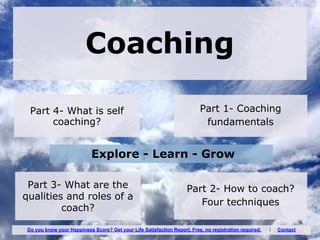 Coaching
Part 1- Coaching
fundamentals
Part 4- What is self
coaching?
Part 3- What are the
qualities and roles of a
coach?
Explore - Learn - Grow
Part 2- How to coach?
Four techniques
Do you know your Happiness Score? Get your Life Satisfaction Report. Free, no registration required. I Contact
 