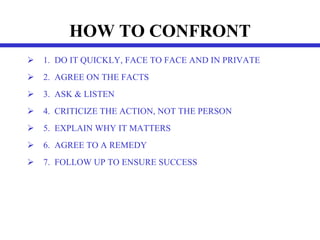 HOW TO CONFRONT 1.  DO IT QUICKLY, FACE TO FACE AND IN PRIVATE 2.  AGREE ON THE FACTS 3.  ASK & LISTEN 4.  CRITICIZE THE ACTION, NOT THE PERSON 5.  EXPLAIN WHY IT MATTERS 6.  AGREE TO A REMEDY 7.  FOLLOW UP TO ENSURE SUCCESS 