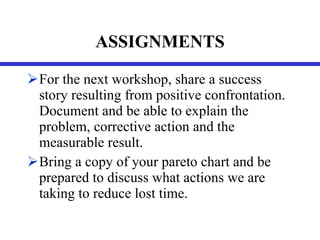 ASSIGNMENTS For the next workshop, share a success story resulting from positive confrontation. Document and be able to explain the problem, corrective action and the measurable result. Bring a copy of your pareto chart and be prepared to discuss what actions we are taking to reduce lost time. 