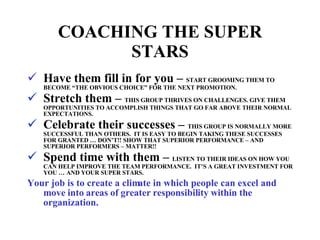 COACHING THE SUPER STARS Have them fill in for you –  START GROOMING THEM TO BECOME “THE OBVIOUS CHOICE” FOR THE NEXT PROMOTION. Stretch them –  THIS GROUP THRIVES ON CHALLENGES. GIVE THEM OPPORTUNITIES TO ACCOMPLISH THINGS THAT GO FAR ABOVE THEIR NORMAL EXPECTATIONS. Celebrate their successes –  THIS GROUP IS NORMALLY MORE SUCCESSFUL THAN OTHERS.  IT IS EASY TO BEGIN TAKING THESE SUCCESSES FOR GRANTED … DON’T!! SHOW THAT SUPERIOR PERFORMANCE – AND SUPERIOR PERFORMERS – MATTER!! Spend time with them –  LISTEN TO THEIR IDEAS ON HOW YOU CAN HELP IMPROVE THE TEAM PERFORMANCE.  IT’S A GREAT INVESTMENT FOR YOU … AND YOUR SUPER STARS. Your job is to create a climate in which people can excel and move into areas of greater responsibility within the organization. 