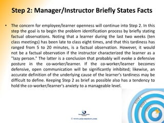 Step 2: Manager/Instructor Briefly States Facts
• The concern for employee/learner openness will continue into Step 2. In this
step the goal is to begin the problem identification process by briefly stating
factual observations. Noting that a learner during the last two weeks (ten
class meetings) has been late to class eight times, and that this tardiness has
ranged from 5 to 20 minutes, is a factual observation. However, it would
not be a factual observation if the instructor characterized the learner as a
"lazy person." The latter is a conclusion that probably will evoke a defensive
posture in the co-worker/learner. If the co-worker/learner becomes
defensive, open communication will be significantly inhibited; likewise, an
accurate definition of the underlying cause of the learner's tardiness may be
difficult to define. Keeping Step 2 as brief as possible also has a tendency to
hold the co-worker/learner's anxiety to a manageable level.
© www.asia-masters.com
 