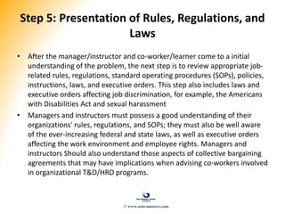 Step 5: Presentation of Rules, Regulations, and
Laws
• After the manager/instructor and co-worker/learner come to a initial
understanding of the problem, the next step is to review appropriate job-
related rules, regulations, standard operating procedures (SOPs), policies,
instructions, laws, and executive orders. This step also includes laws and
executive orders affecting job discrimination, for example, the Americans
with Disabilities Act and sexual harassment
• Managers and instructors must possess a good understanding of their
organizations' rules, regulations, and SOPs; they must also be well aware
of the ever-increasing federal and state laws, as well as executive orders
affecting the work environment and employee rights. Managers and
instructors Should also understand those aspects of collective bargaining
agreements that may have implications when advising co-workers involved
in organizational T&D/HRD programs.
© www.asia-masters.com
 