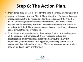 Step 6: The Action Plan.
• Many times the problem is solved by the time the manager/instructor and
• co-worker/learner complete Step 5. These situations often occur because
most people want to be responsible for their actions, and the "heart-to-
heart" counseling session becomes a reminder of their job or school
responsibilities. However, there are times when an action plan should or
must be established. These instances occur in cases requiring professional
counseling, retraining, or follow-up.
• To implement many action plans, the manager/instructor must be aware
of the resources at their disposal. These resources include the
organization's employee assistance program (EAP), the T&D/HRD
department, and the school's testing office, counseling center, health
center, and disabled students' center. Often another co-worker or student
may be used as a coach or role model.
© www.asia-masters.com
 