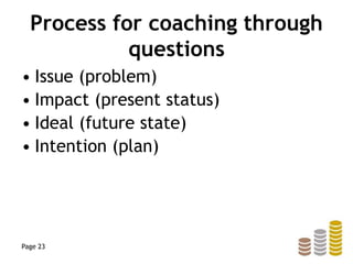 Process for coaching through
questions
• Issue (problem)
• Impact (present status)
• Ideal (future state)
• Intention (plan)
Page 23