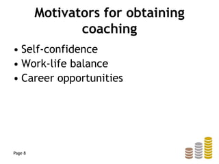 Motivators for obtaining
coaching
• Self-confidence
• Work-life balance
• Career opportunities
Page 8