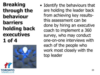• Identify the behaviours that 
are holding the leader back 
from achieving key results-this 
assessment can be 
done by hiring an executive 
coach to implement a 360 
survey, who may conduct 
one-on-one interviews with 
each of the people who 
work most closely with the 
top leader 
26 
Breaking 
through the 
behaviour 
barriers 
holding back 
executives 
1 of 4 
 
