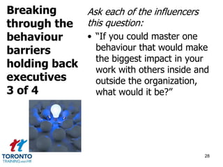 Ask each of the influencers 
this question: 
• “If you could master one 
behaviour that would make 
the biggest impact in your 
work with others inside and 
outside the organization, 
what would it be?” 
28 
Breaking 
through the 
behaviour 
barriers 
holding back 
executives 
3 of 4 
 