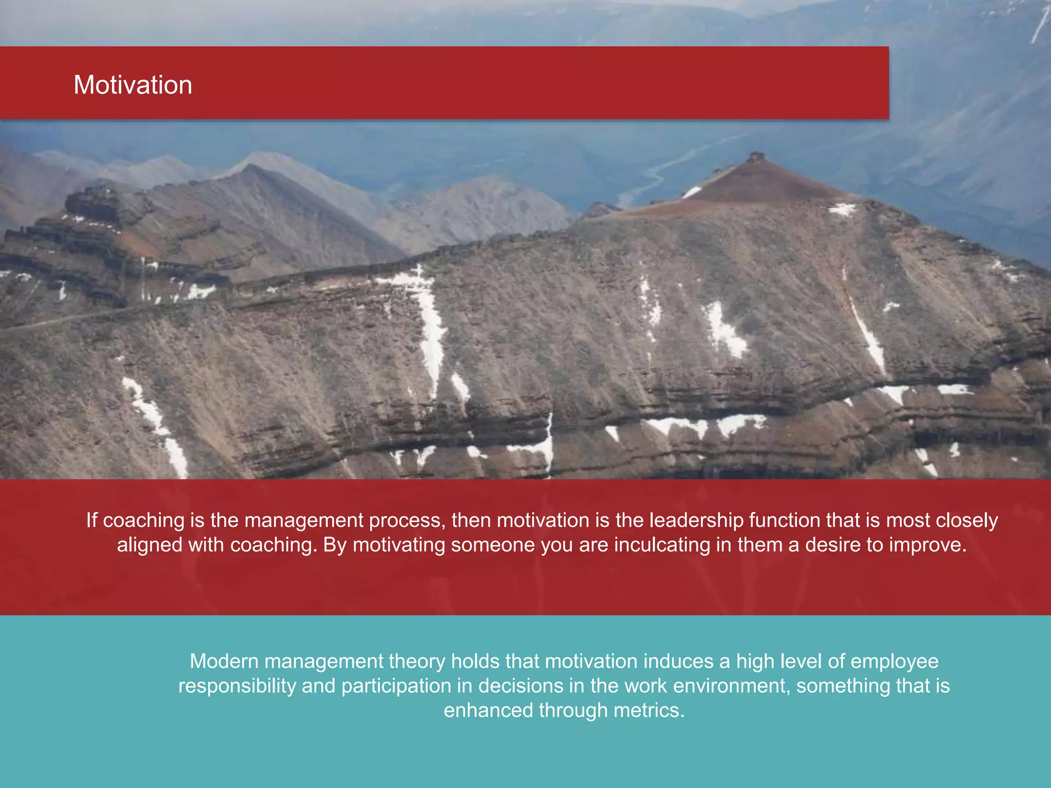 Step 2 - What does Success look Like?
Motivation
If coaching is the management process, then motivation is the leadership function that is most closely
aligned with coaching. By motivating someone you are inculcating in them a desire to improve.
Modern management theory holds that motivation induces a high level of employee
responsibility and participation in decisions in the work environment, something that is
enhanced through metrics.
 